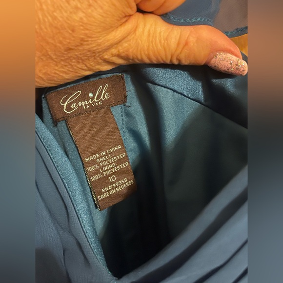 Camille La Vie Gathered Chiffon Ruffle Gown Dark Teal Dress - Picture 2 of 8